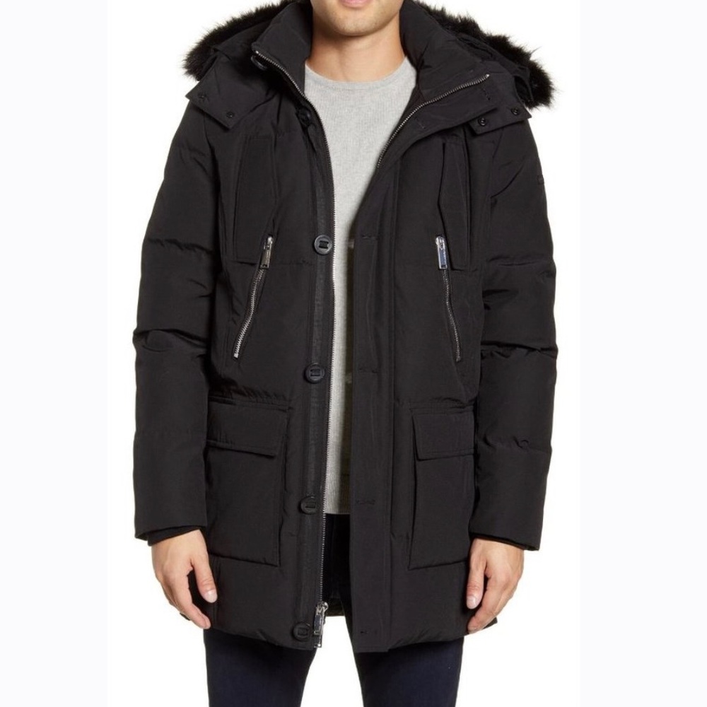 Karl Lagerfeld Paris Men’s Faux Fur Trim Down & Feather Quilted Parka Large NWT